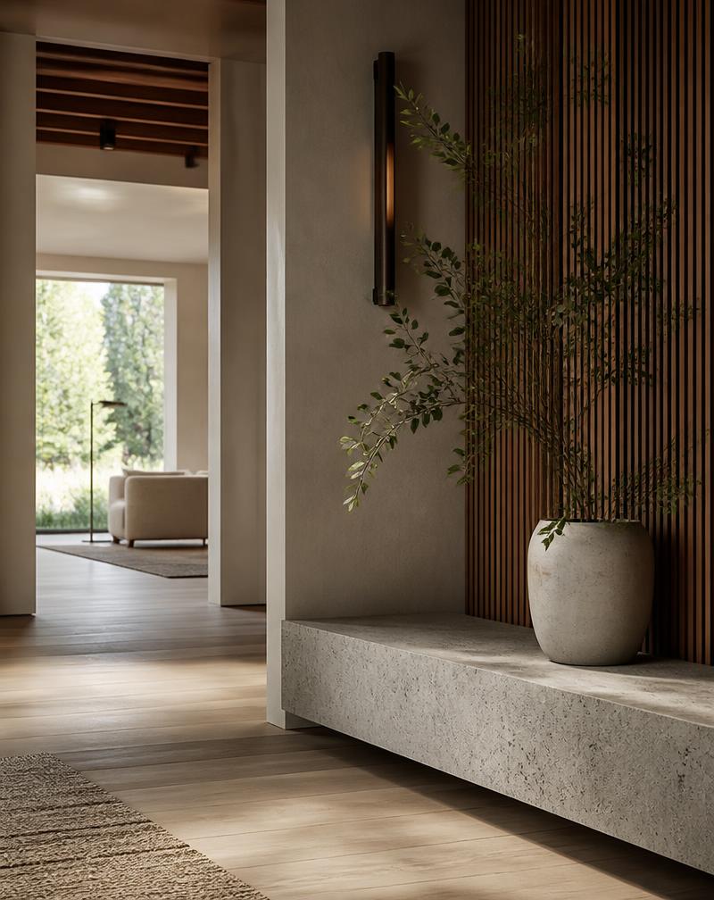 Detalle arquitectónico con textura, madera y vegetación